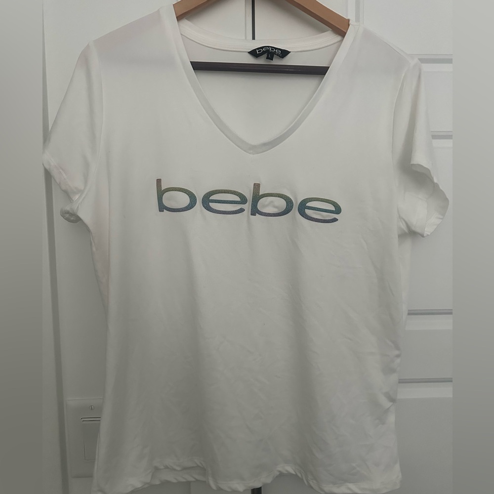 Bebe Sport White Logo Tee — Size L — Rainbow Glitter Logo — Brand New🩷